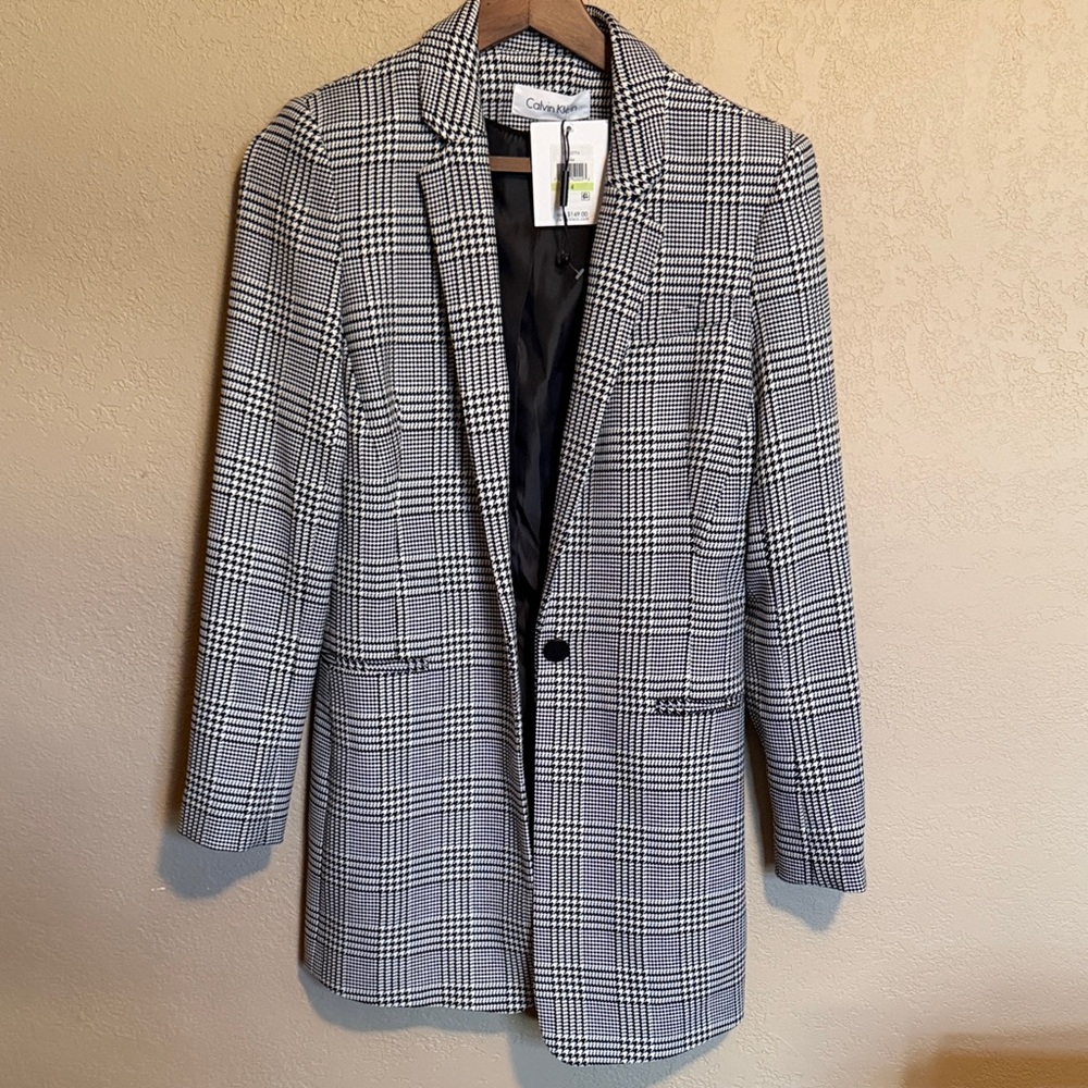 Calvin Klein Black & White Glen Plaid Longline Single-Button Blazer
